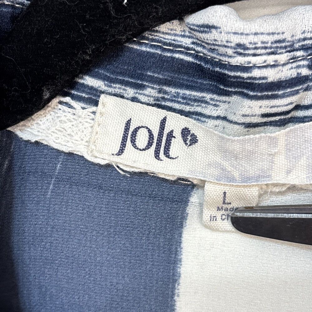 Jolt Women’s blouse sheer button up blue white Collar Roll Tab Sleeve L Tunic - Picture 7 of 13